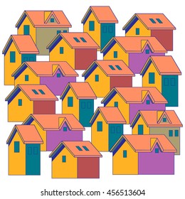 Houses  colourful . Illustration group. Private residential architecture. Simple text. 