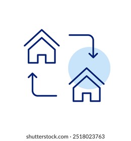 Casas conectadas com setas. Transferência de propriedade, mudança de casa ou mudança de propriedade. Transações imobiliárias. Pixel perfeito, ícone de traçado editável