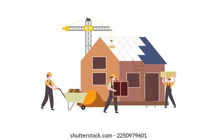 Proceso de construcción de casas. Equipo de constructores construye ilustración del hogar de madera