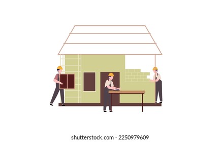 Proceso de construcción de casas. Equipo de constructores construye ilustración del hogar de madera