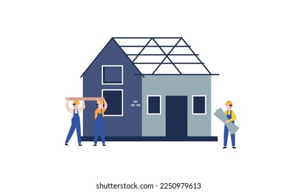 Houses construction process. Team of builders build wood home illustration
