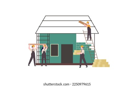 Proceso de construcción de casas. Equipo de constructores construye ilustración del hogar de madera