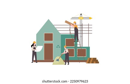 Houses construction process. Team of builders build wood home illustration