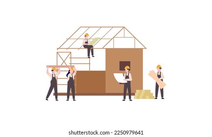Houses construction process. Team of builders build wood home illustration
