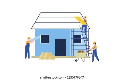Houses construction process. Team of builders build wood home illustration