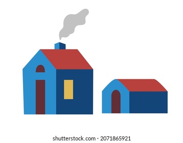 Houses or cottage icon. Light in the windows, smoke coming from the chimney. Village designation, design element, site, game. Simple vector illustration in flat style