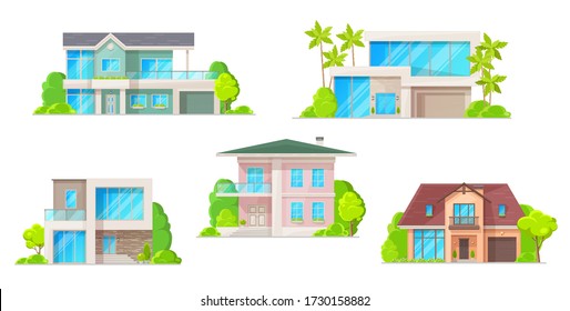 Häuser, Cottage und Wohngebäude, Immobilien Vektor Symbole. Cartoon Außenfassaden von Familienhäusern, Häusern oder Herrenhäusern Appartements und Villen, urbanes Eigentum. Einzelbauten