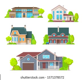 Houses and cottages, village residential buildings vector icons. Real estate and private property architecture, mansions and villas, townhouse apartments and family houses with garage and garden