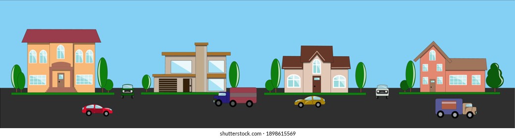 Houses, courtyards, trees, trucks and cars, road. Suburb. Family home. Small city. The street. Vector isolated objects.