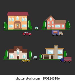 Houses, courtyards, trees, trucks and cars, road. Suburb. Family home. Small city. The street. Vector isolated objects.
