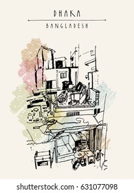 Houses and daily life in Dhaka, Bangladesh, Asia.  Vintage hand drawn postcard in vector