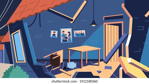 houses damaged by the earthquake, walls and furniture destroyed vector illustration. used for info graphic image and other