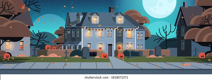 houses decorated for halloween holiday celebration home buildings front view with different pumpkins horizontal vector illustration