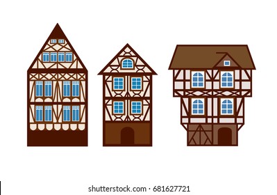 Houses decorated in style half-timbered framework. Silhouette of old european mansions. Vector template of vintage facades isolated ancient buildings.