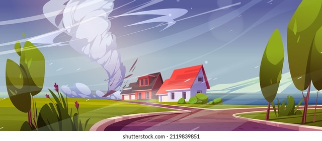 Houses destruction with tornado catastrophe. Natural disaster with hurricane, power twisted storm, whirlwind, buildings damage. Cyclone zone, landscape with broken homes, Cartoon vector illustration