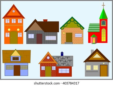 Houses with different architecture and purpose, small size, on a blue background.