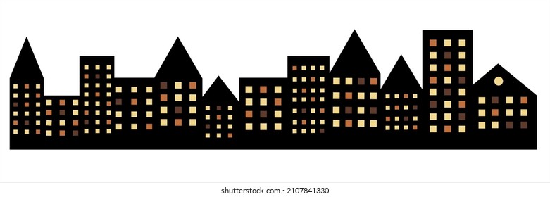 Houses of different design and architecture. Many options of windows.Cityscape, vector background, black silhouette.Building silhouettes