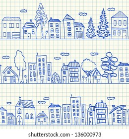 Houses doodles on school squared paper, seamless pattern