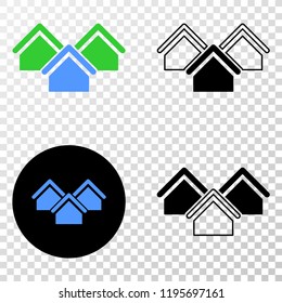 Houses EPS vector pictogram with contour, black and colored versions. Illustration style is flat iconic symbol on chess transparent background.