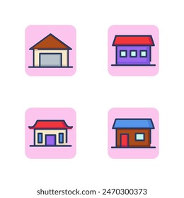 Houses and extensions line icon set. Garage with automatic gate, traditional Asian home, private house, building with door. Multi-colored private house concept. Vector illustration for web design app