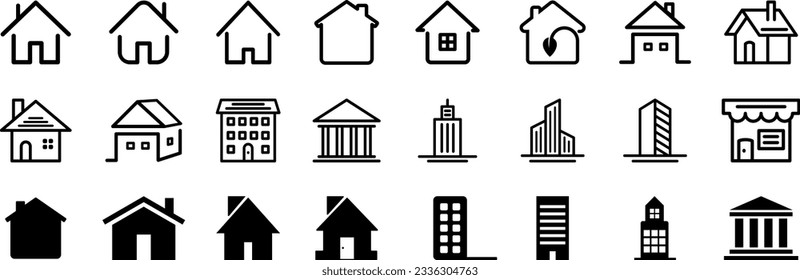 Houses exterior black glyph vector icons set. Collection home icons. Vector illustration