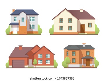 Houses exterior set. Vector flat illustration isolated on white background