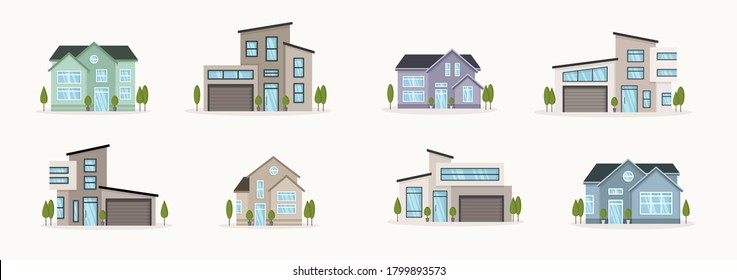 Vista frontal de la ilustración de los vectores exteriores de las casas con techo. Moderno. Apartamento en el edificio del pueblo. Fachada interior con puertas y ventanas. Concepto de negocio inmobiliario. Casa de fachada, cabaña.