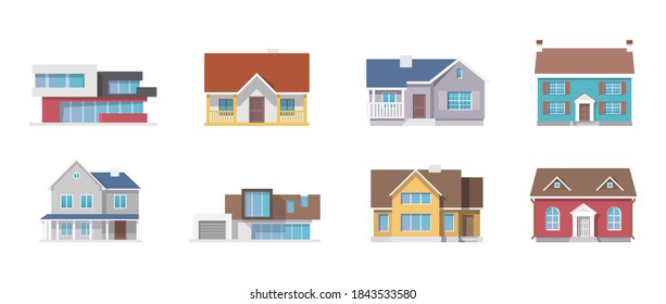 Houses exterior vector illustration front view with roof. Modern. Townhouse building apartment. Home façade with doors and windows. Real estate business concept. Façade apartment house, cottage.