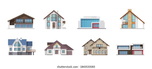 Houses exterior vector illustration front view with roof. Modern. Townhouse building apartment. Home façade with doors and windows. Real estate business concept. Façade apartment house, cottage.