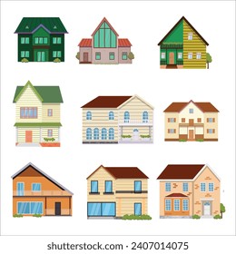 Houses exterior vector illustration front view with roof, Set of different country houses with garden trees, Cartoon icons of houses