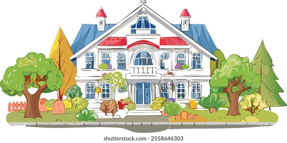 Houses exterior vector illustration front view with roof. Modern. Townhouse building apartment. Home facade with foliage.