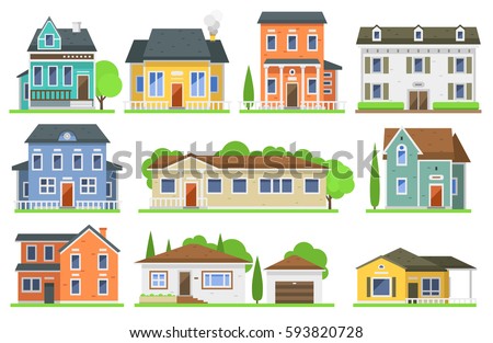 Houses exterior vector illustration front view with roof. Modern. Townhouse building apartment. Home facade with doors and windows.