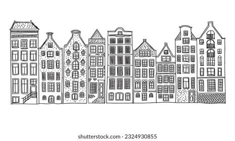 Houses facades in a row, Amsterdam hand drawn illustration.	
