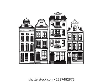 Houses facades in a row, Amsterdam hand drawn illustration.	