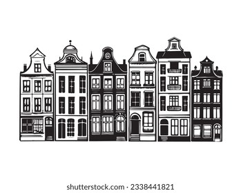 Houses facades in a row, Amsterdam hand drawn illustration.