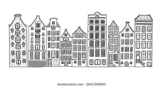 Houses facades in a row, Amsterdam hand drawn illustration.	