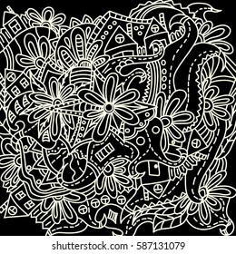Houses and fences. Abstract, floral pattern. Bright illustration. White outline on a black background. Freehand sketch. Clear outline.