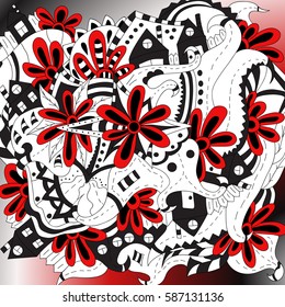 Houses and fences. Abstract, floral pattern. Bright illustration. Black-white with red daisies. Freehand sketch. Clear outline.