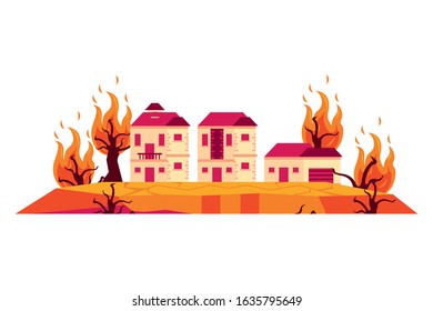 houses in fire forest dry global warming scene vector illustration design