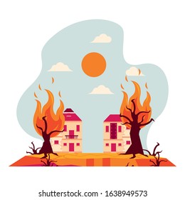 houses in fire forest dry global warming scene vector illustration design