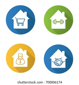 Houses flat design long shadow glyph icons set. Real estate deal, doctor home visits, sport training, shop. Vector silhouette illustration