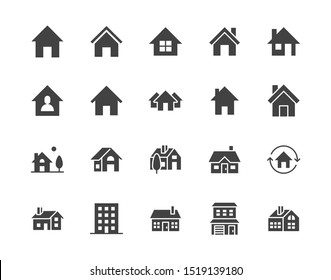 Houses flat glyph icons set. Home page button, residential building, country cottage, apartment vector illustrations. Simple black signs for real estate. Silhouette pictogram pixel perfect.