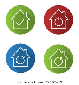 Houses flat linear long shadow icons set. Home restoration, renovation, checked and smart houses. Vector outline illustration