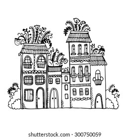 houses with flowers on the roof  ink graphic vector illustration