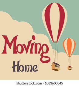 Houses flying in balloons against a cloudy sky. Transportation of housing. Moving Change of residence.