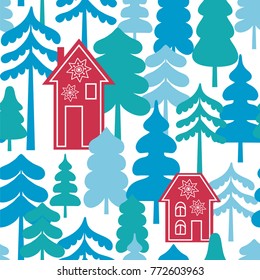 Houses in the forest. Seamless vector pattern with trees.