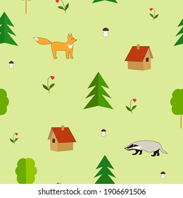 Houses in the forest. Vector image color seamless pattern.