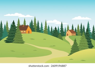 Houses in the forest, vector landscape illustration. Wooden houses in a beautiful forest with pines and firs, hills and paths. Community in the forest. Hotels in nature.