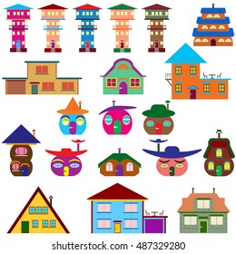 Houses in the form of pumpkins for Halloween celebration. House cartoon set - colourful  home icon collection. Vector illustration group.  Private residential architecture in different styles cartoon