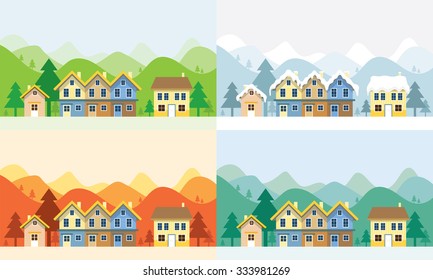 Houses in Four Seasons with Mountain Background, Summer, Spring, Winter, Autumn 